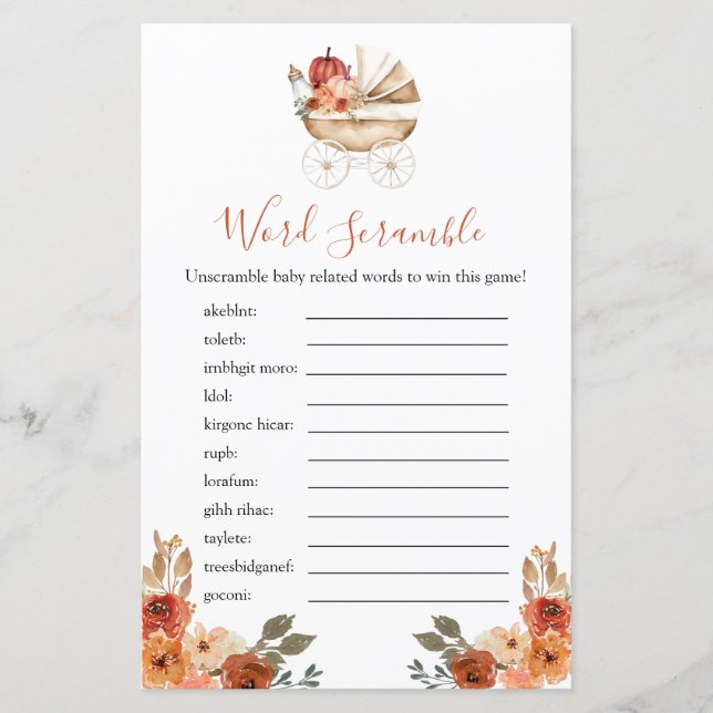 Pumpkin Stroller Floral Baby Shower Word Scramble (Framsida)