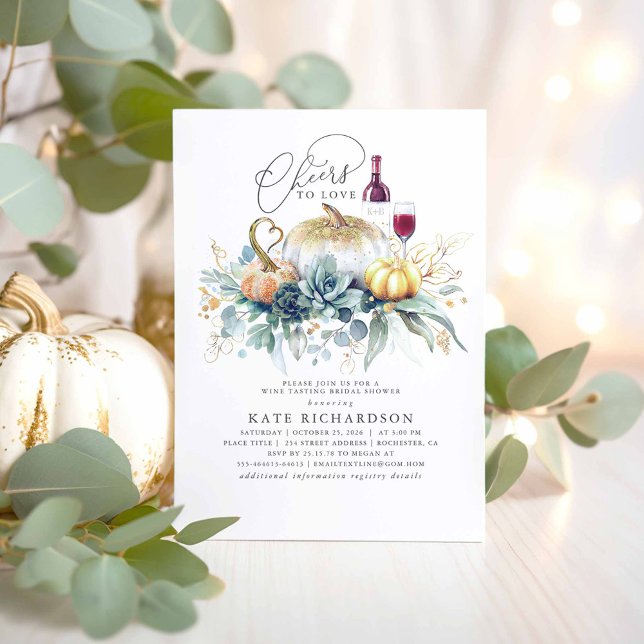 Pumpkin Succulents Fall Vin Tasting Möhippa Inbjudningar (Cheers to Love - Bridal Shower Invitations with Pumpkins and Succulents Greenery)