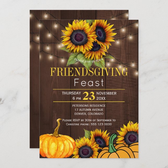 Pumpkin Sunblommor Rustic Barn Wood Freindsgiving Inbjudningar (Fram/baksida)