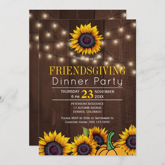 Pumpkin Sunblommor Rustic Barn Wood Friendsgiving Inbjudningar (Fram/baksida)