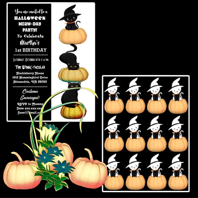 Pumpkin Svarta katter Spooktacular Halloween Birth Inbjudningar (Pumpkin Black Cats Spooktacular Halloween Birthday Invitation)