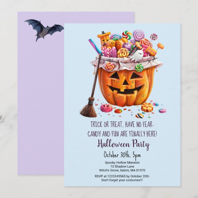 Pumpkin Sweets Witch Broom Halloween fest Inbjudningar (Fram/baksida)