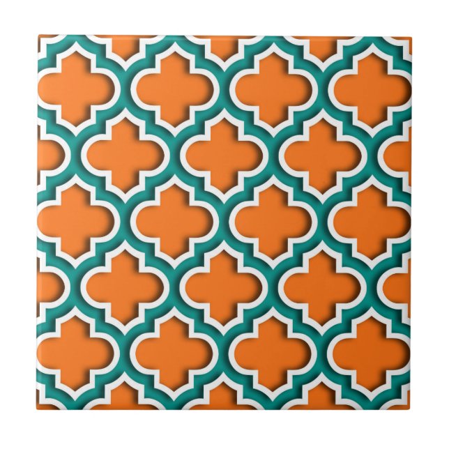 Pumpkin, Teal, White Moroccan Quatrefoil #5DS Kakelplatta (Framsidan)