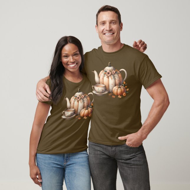 Pumpkin-Tekanna med Fall Blommigts Illustration T Shirt (Unisex)