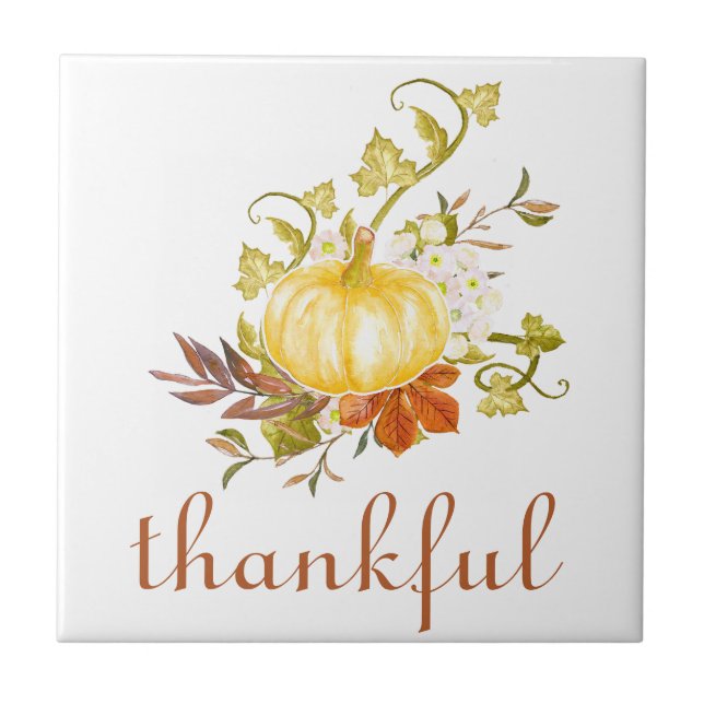 Pumpkin Thankful Watercolor Thanksgiving Kakelplatta (Framsidan)