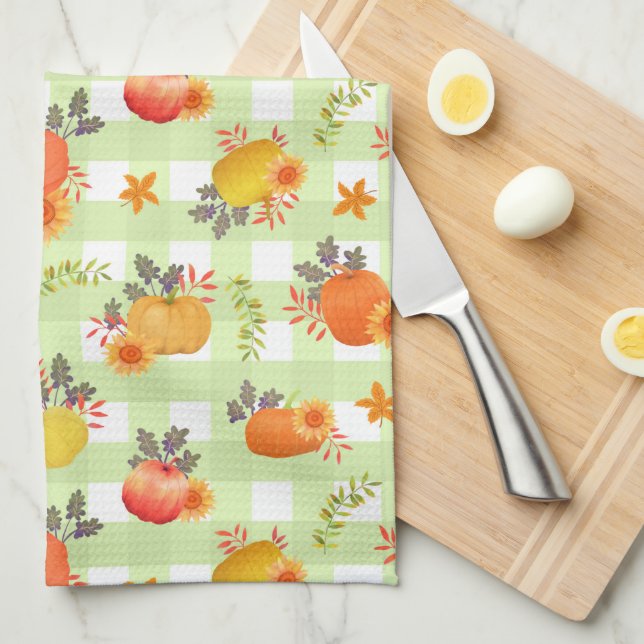 Pumpkin Thanksgiving Gingham Grönt Kökshandduk (Vikt i Fjärdedel)