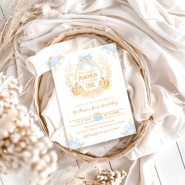 Pumpkin Toile Vapensköld Elegant Boy 1st Birthday Inbjudningar (Skapare uppladdad)