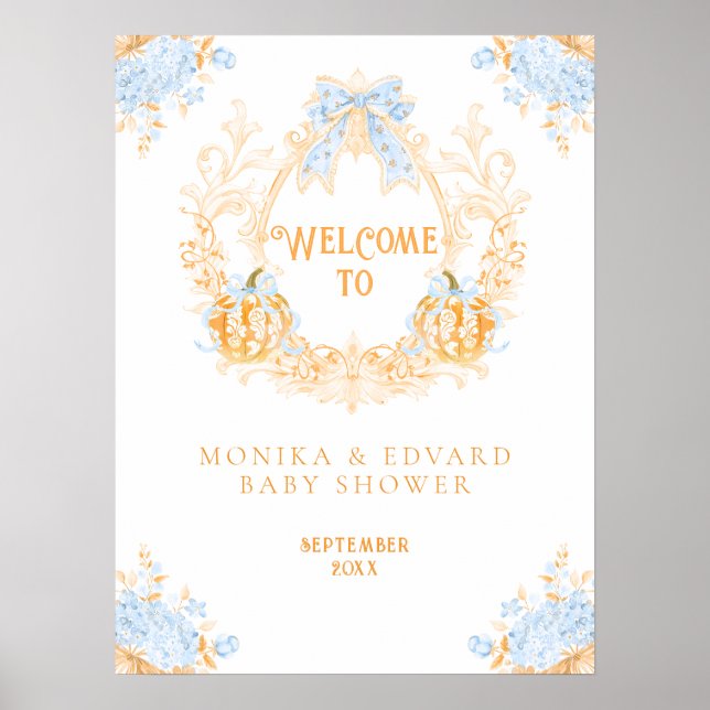 Pumpkin Toile Vapensköld Elegant Boy Shower Poster (Framsidan)