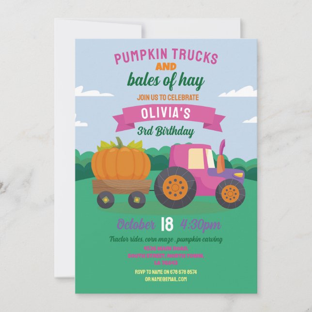 Pumpkin Tractor Birthday Harvest Party Girls Inbjudningar (Framsida)