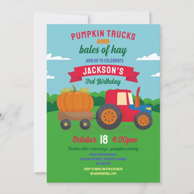 Pumpkin Tractor Birthday Harvest Party Inbjudningar (Framsida)