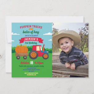 Pumpkin Tractor Birthday Photo Boys Party Inbjudningar