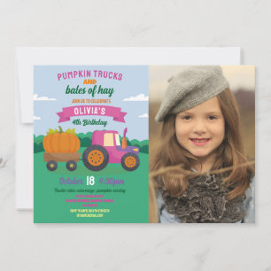 Pumpkin Tractor Birthday Photo Party Girls Inbjudningar