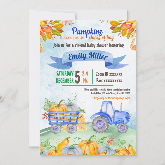 Pumpkin Tractor Virtuellare Babyduschinbjudan Inbjudningar (Framsida)