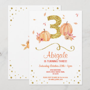 Pumpkin TRE Birthday 3rd Fall Party Guld Inbjudan