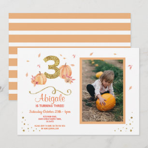 Pumpkin TRE födelsedag 3:e Party-foto-Inbjudan Inbjudningar