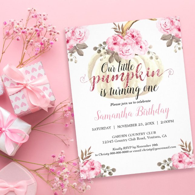 Pumpkin Turing One Watercolor Blommigt Inbjudningar (Our little pumpkin is turning one so celebrate with this fall-inspired floral baby shower invitation)
