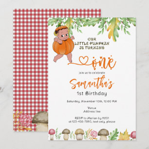 Pumpkin Turning One Mushroom Play 1a Birthday Inbjudningar