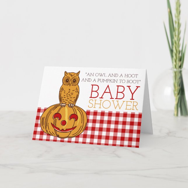 Pumpkin Uggla & Gingham Baby Shower-inbjudan Tack Kort (Framsida)