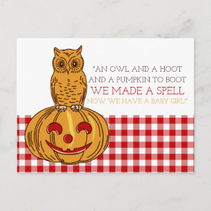 Pumpkin Uggla & Gingham Flicka Announcement Meddelande Vykort