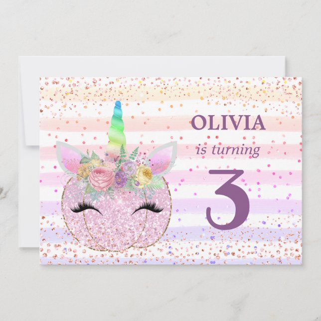 Pumpkin Unicorn Girls 3:e födelsedagen Inbjudningar (Framsida)