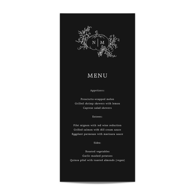 Pumpkin Vines Black Monogram Bröllop Menu Meny (Skapare uppladdad)