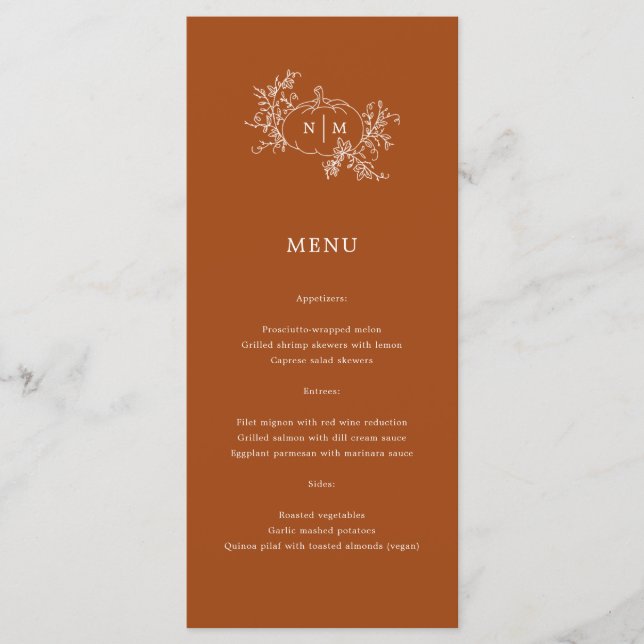 Pumpkin Vines Black Monogram Bröllop Menu Meny (Framsida)