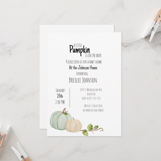 Pumpkin Watercolor Baby Shower-inbjudan (Fram/Back In Situ)