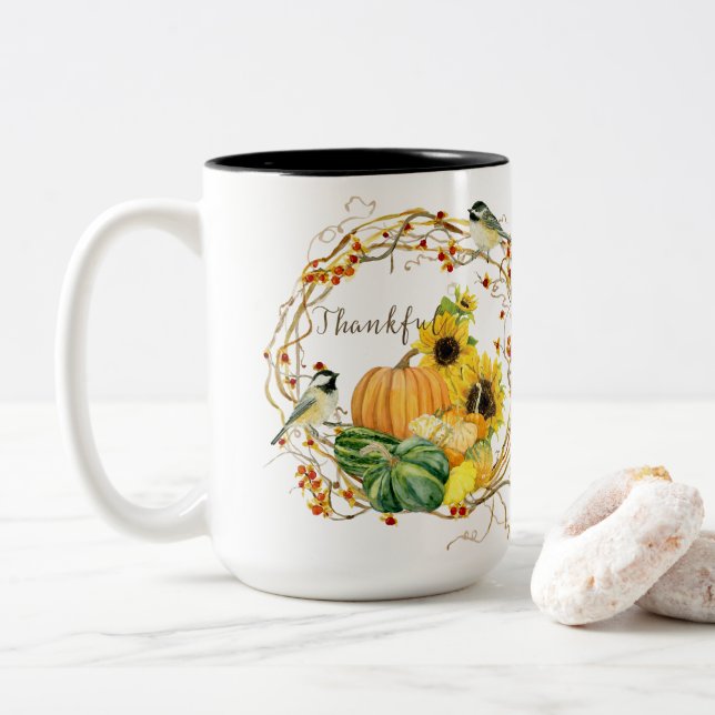 Pumpkin Watercolor Blommigt Pumpkin Fall Thankful  Två-Tonad Mugg (Med munk)