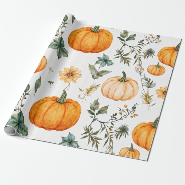 Pumpkin Watercolor Fall & Autumn Thanksgiving Presentpapper (Utrullad)