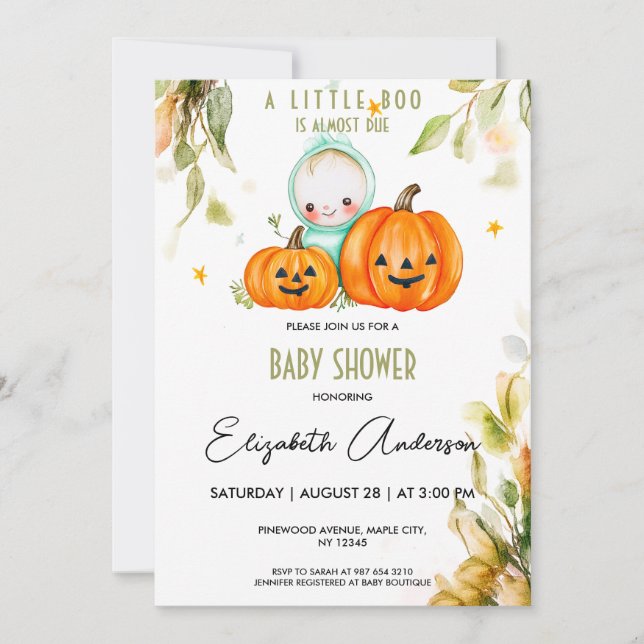 Pumpkin Watercolor Halloween Baby Shower Inbjudningar (Framsida)
