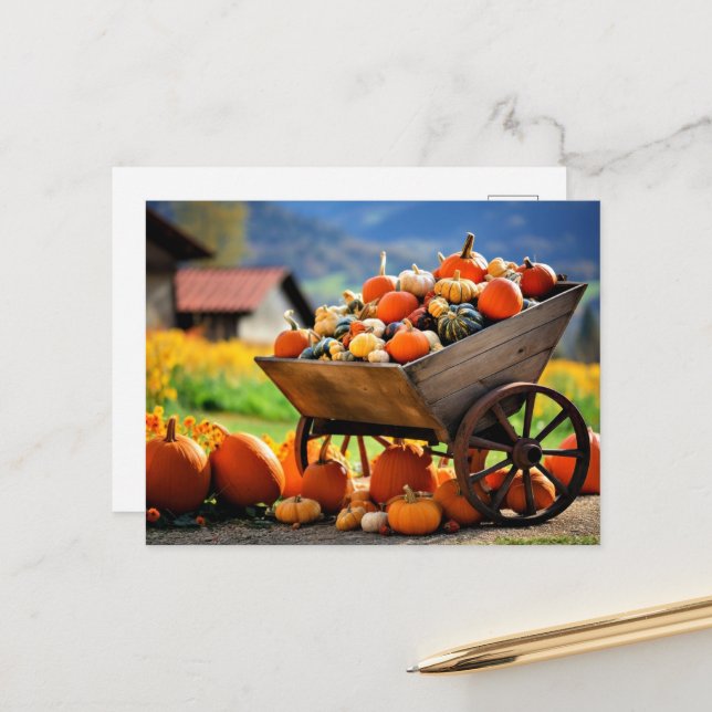 Pumpkin Wheelbarrow, hösten Vykort (Fram/Back In Situ)