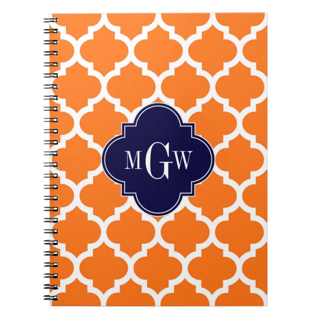 Pumpkin White Moroccan #5 Navy 3 Initial Monogram Anteckningsbok Med Spiral (Framsidan)