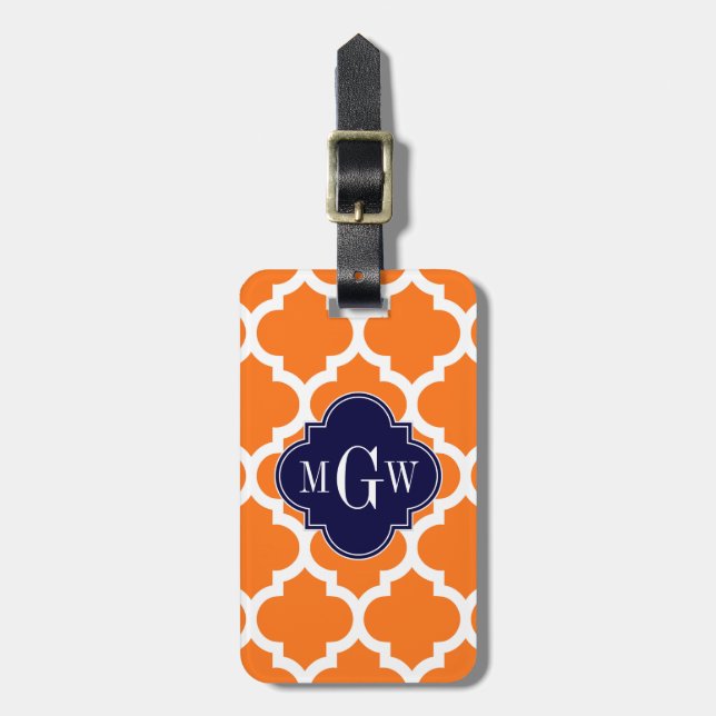 Pumpkin White Moroccan #5 Navy 3 Initial Monogram Bagagebricka (Vertikal Framsida)