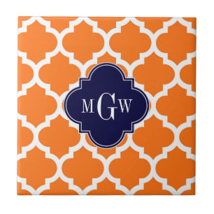 Pumpkin White Moroccan #5 Navy 3 Initial Monogram Kakelplatta