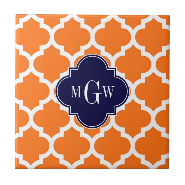 Pumpkin White Moroccan #5 Navy 3 Initial Monogram Kakelplatta (Framsidan)