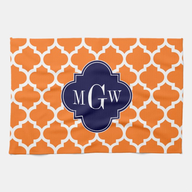Pumpkin White Moroccan #5 Navy 3 Initial Monogram Kökshandduk (Horisontell)