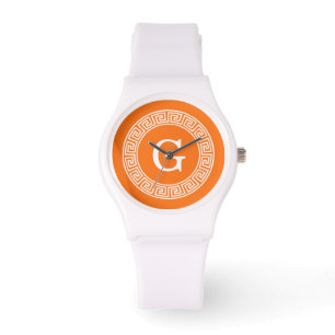 Pumpkin Wht Grekiska Nyckel Rnd Ram Initial Monogr Armbandsur