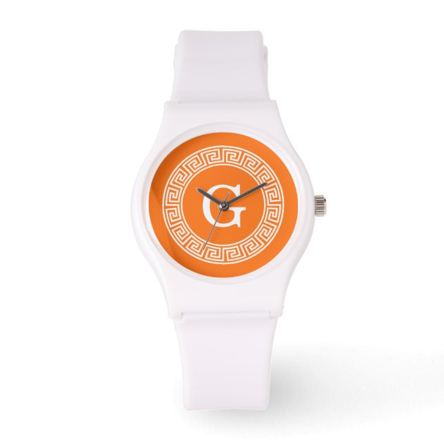 Pumpkin Wht Grekiska Nyckel Rnd Ram Initial Monogr Armbandsur (Framsida)