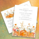 Pumpkin Wildblomma Fall 60:e Födelsedagsfesten Inbjudan Vykort<br><div class="desc">Pumpor är inkapslade i delikat guldfärgad gult och orange vilda blommor för att skapa en elegant estetisk. Hela texten är redigerbar så att du enkelt kan tränga in i ditt eget speciella humör.</div>