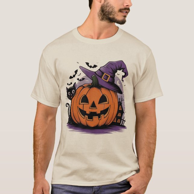Pumpkin Witch Halloween Natt T Shirt (Framsida)