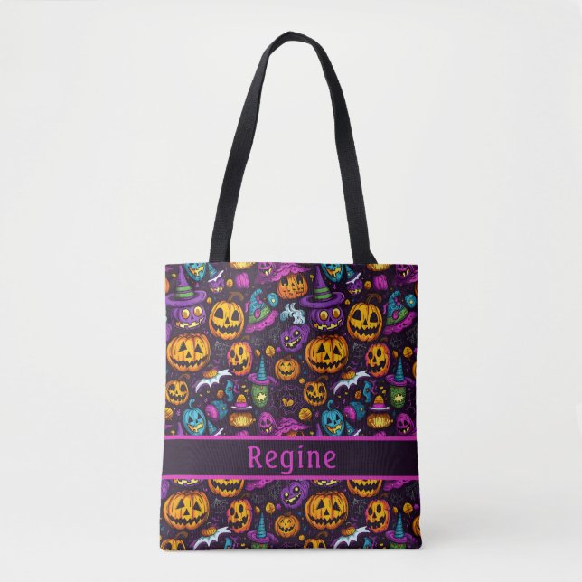 Pumpkin Witch Hat Black Tote Bag Tygkasse (Framsida)