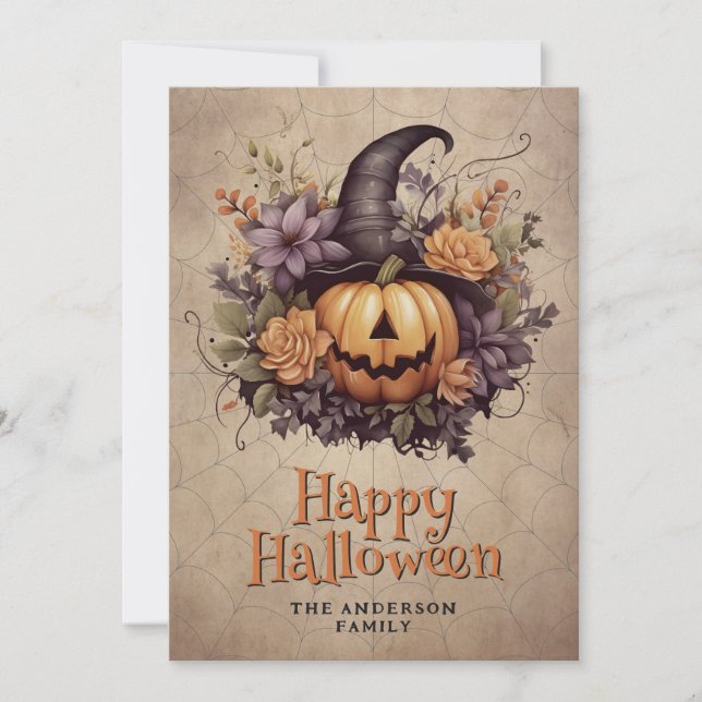 Pumpkin Witch Hat Cobweb Blommigt Halloween Card Julkort (Framsida)