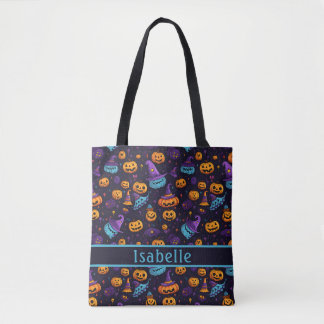 Pumpkin Witch Hat Navy Tote Bag Tygkasse