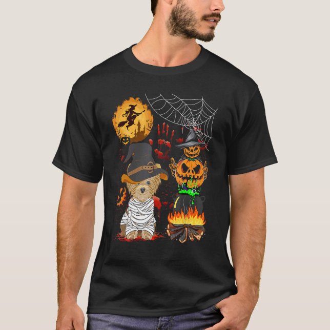 Pumpkin Witch Hat Yorkshire Terrier Halloween Hund T Shirt (Framsida)