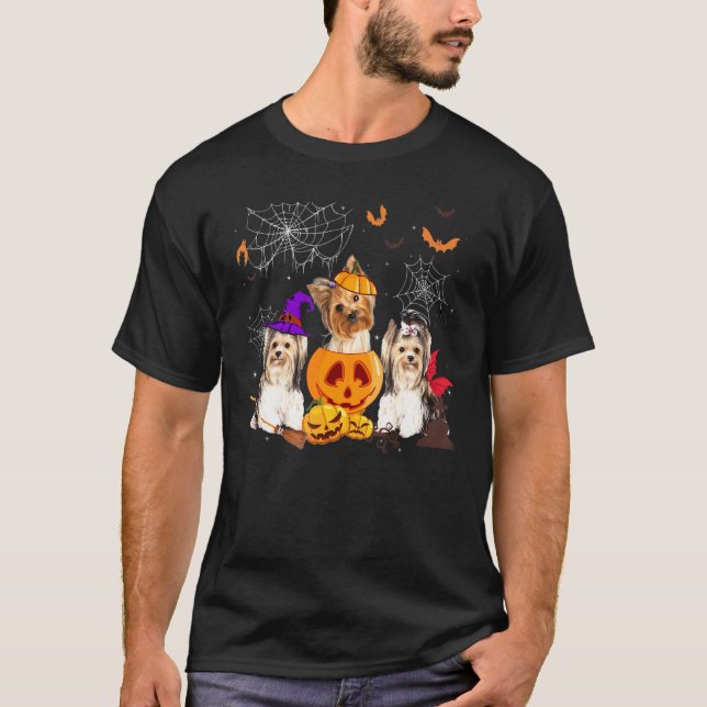 Pumpkin Witch Yorkshire Terrier Hund Halloween T Shirt (Framsida)