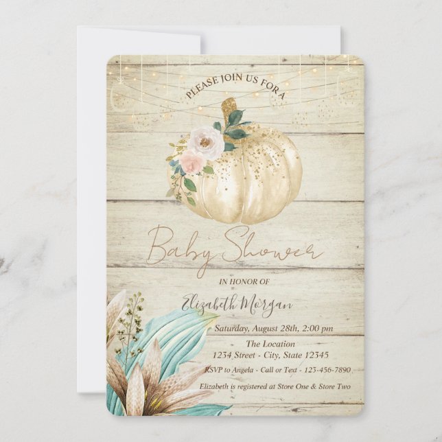 Pumpkin, Wood Struktur, Boho Flowers Baby Shower Inbjudningar (Framsida)