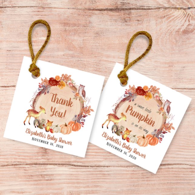 Pumpkin Woodland Animals Baby Shower Tack Gåvor Etiketter (Skapare uppladdad)