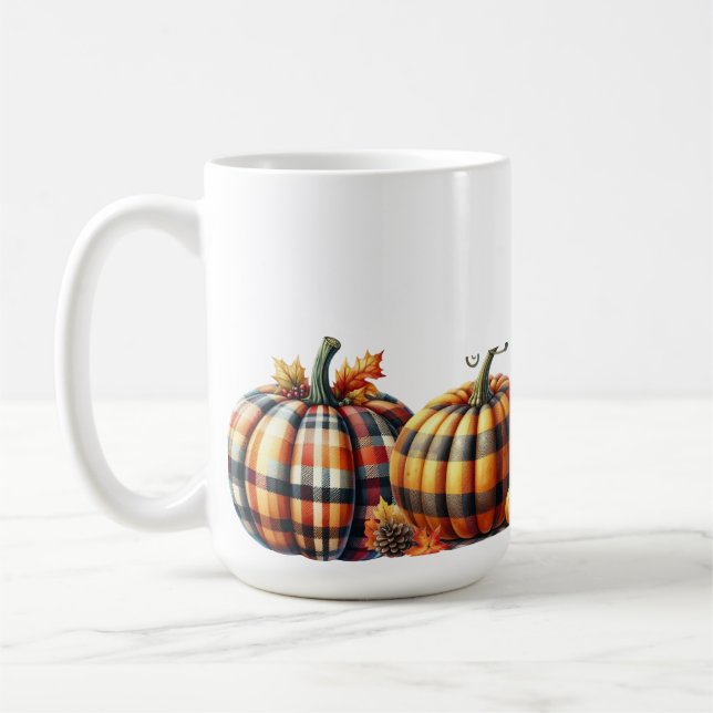 PUMPKINER FÖR söt ORANGE & GRÖNT PLAID-FALL Kaffemugg (Vänster)
