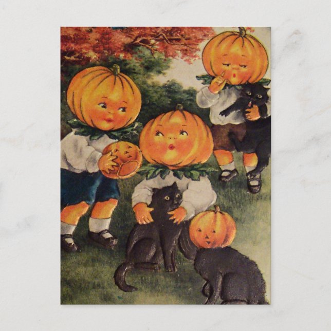 Pumpkinhead Black Cat (Vintage Halloween Card) Vykort (Framsida)
