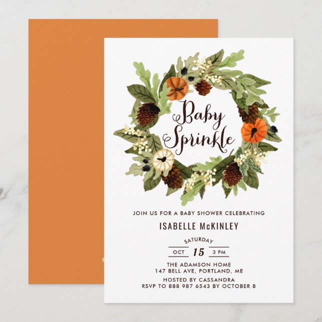 Pumpkins and Pinecones Wandefall Baby Sprinkle Inbjudningar (Fram/baksida)